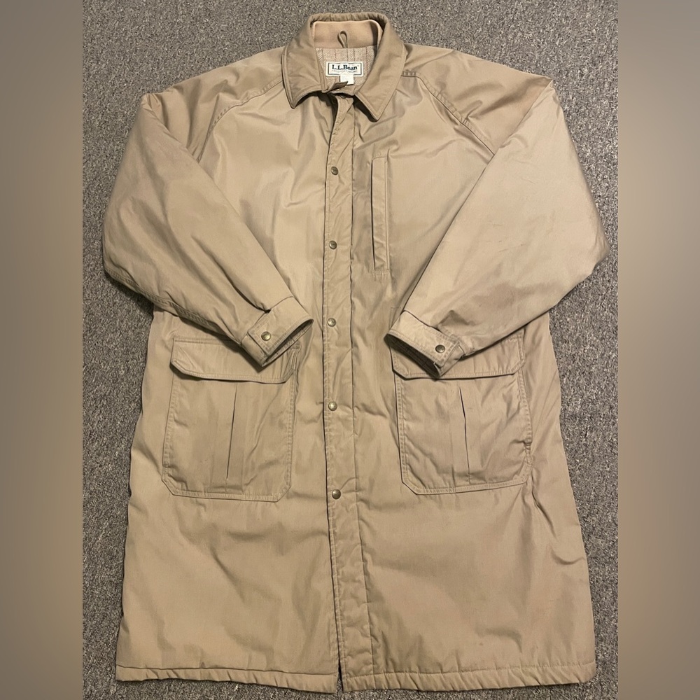 Vintage LL Bean Jacket Mens Tall XL Beige Trench Coat Duster Long Wool Lined